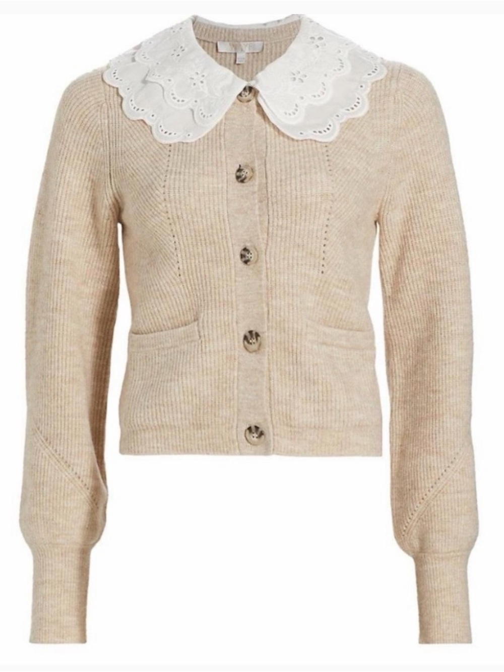 Beige Knit Cardigan with Eyelet Peter Pan Collar